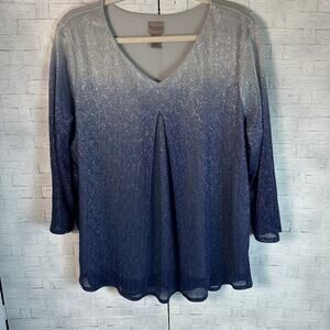Easywear by Chico’s V-neck long sleeve blouse shimmery silver to blue party